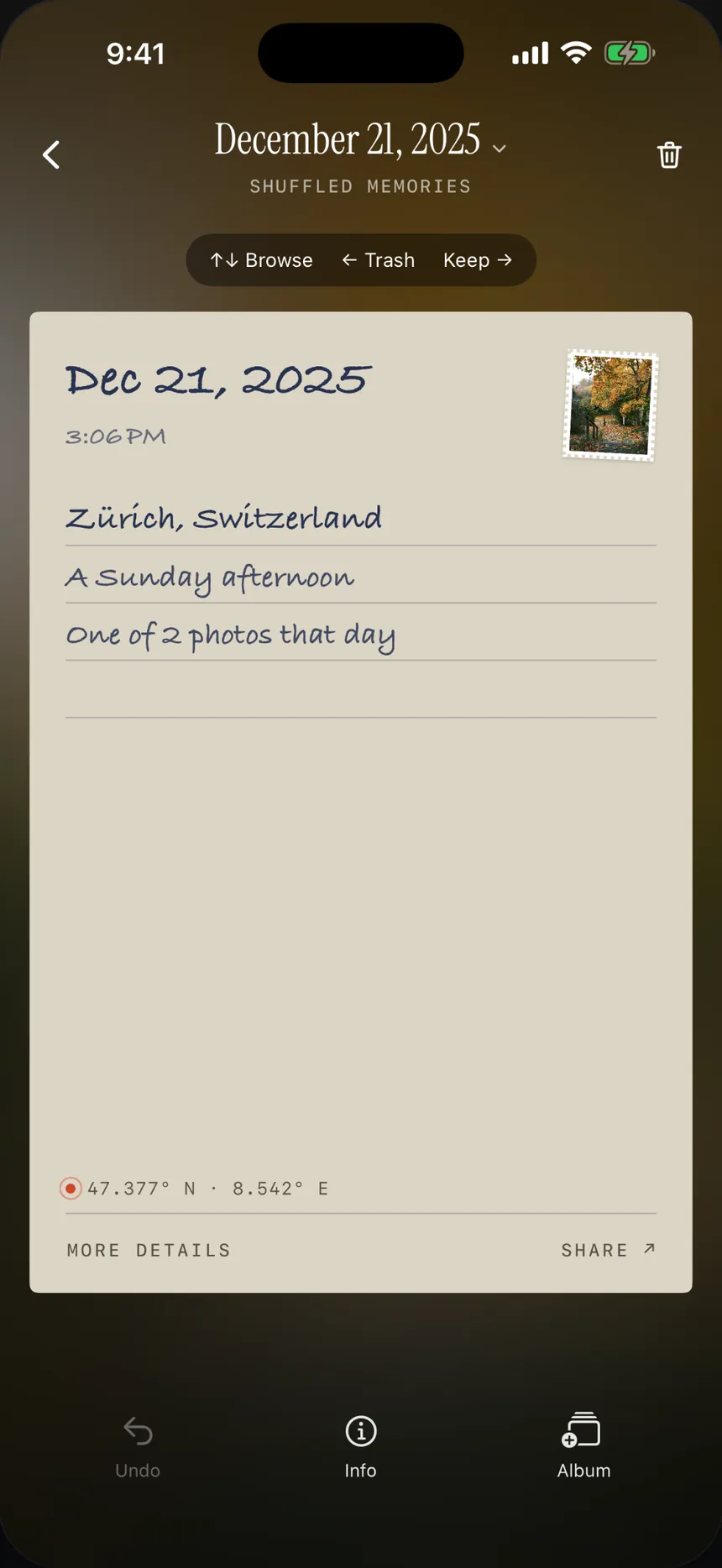 The back of a print: Dec 21, 2025, 3:06 PM, Zürich, Switzerland, a Sunday afternoon, written by hand
