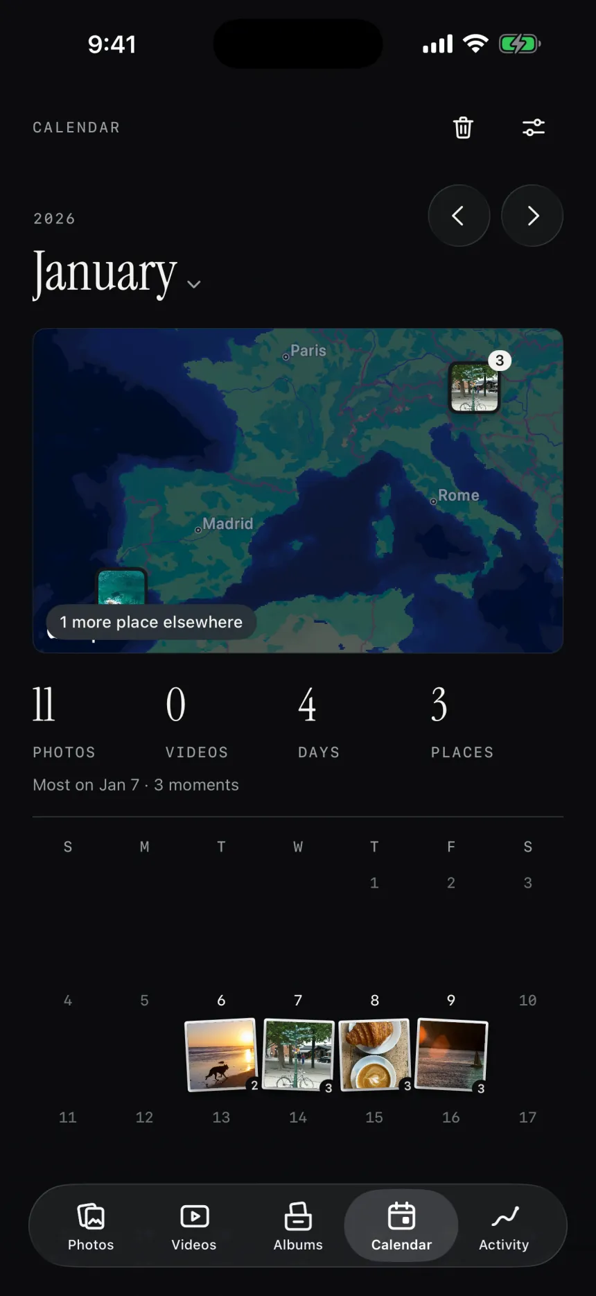 flickeep's Calendar: January on a map of Europe, with 11 photos over 4 days in 3 places