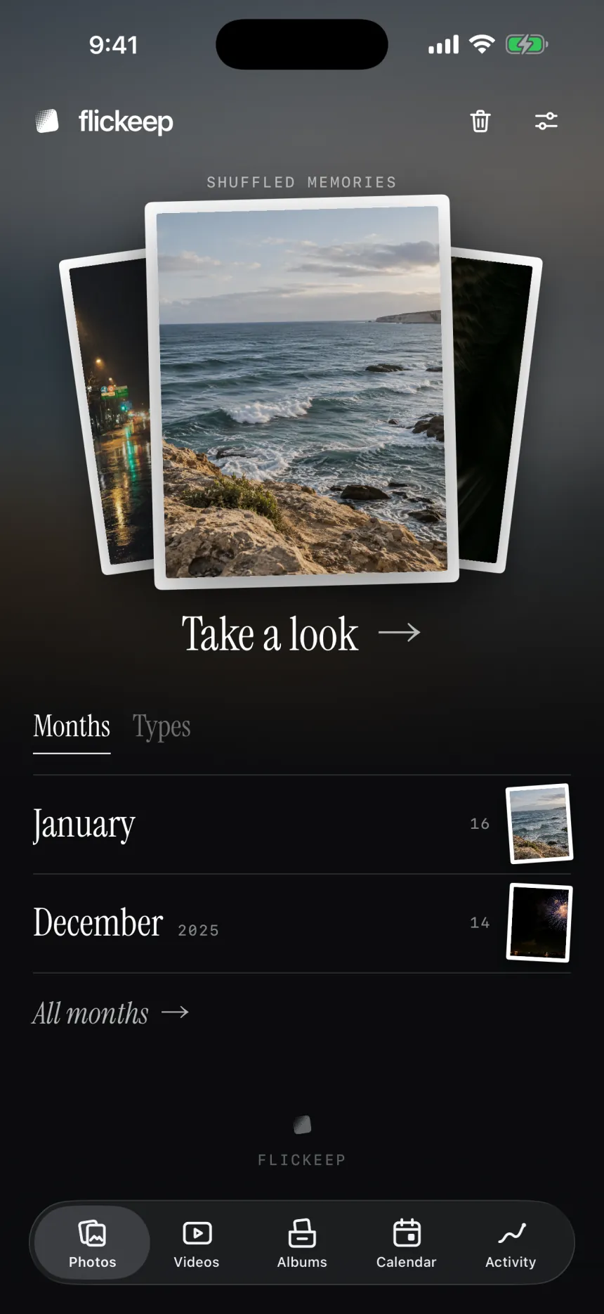 flickeep's home screen: shuffled memories as three prints, with months below